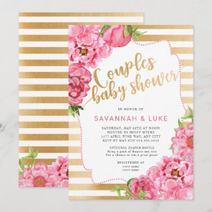Invitation Pivoines roses d'or du baby shower de couples