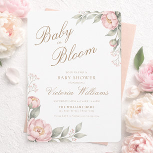 Invitation Pivoines roses en fleurs Baby Shower Rond
