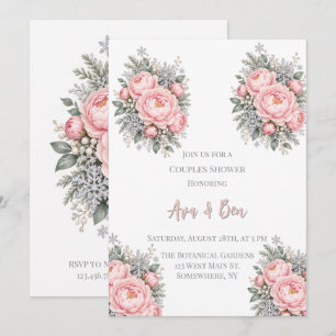 Invitation Pivoines Roses Flocons de Neige Mariage d'Hiver Co