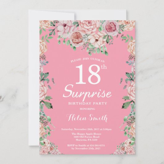 Invitation Pivoines roses florales 18e anniversaire surprise (Devant)