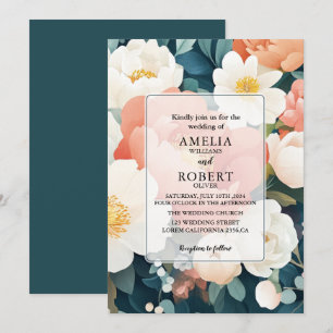 Invitation pivoines Turquoises modernes Mariage floral