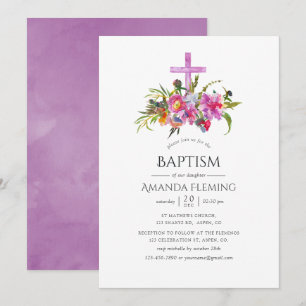 Invitation Pivoines violettes vintage pour baptême