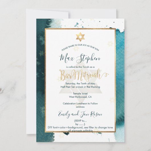 Invitation Pix-Dezines Bar Mitzvah|Aquarelle verte Turquoise (Dos)