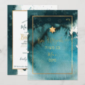 Invitation Pix-Dezines Bar Mitzvah|Aquarelle verte Turquoise (Devant / Derrière)