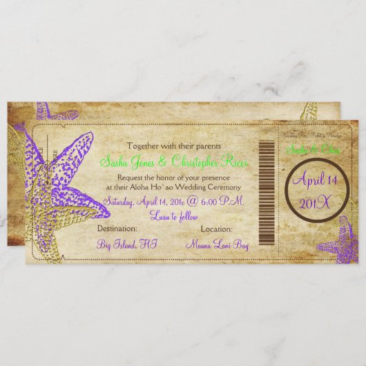 Invitation Pix-Dezines Boarding Pass+Beach, Poisson-étoiles v (Devant / Derrière)