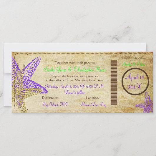 Invitation Pix-Dezines Boarding Pass+Beach, Poisson-étoiles v (Devant)