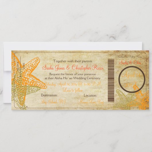 Invitation Pix-Dezines Boarding Pass+Plage+Orange Starfish (Devant)