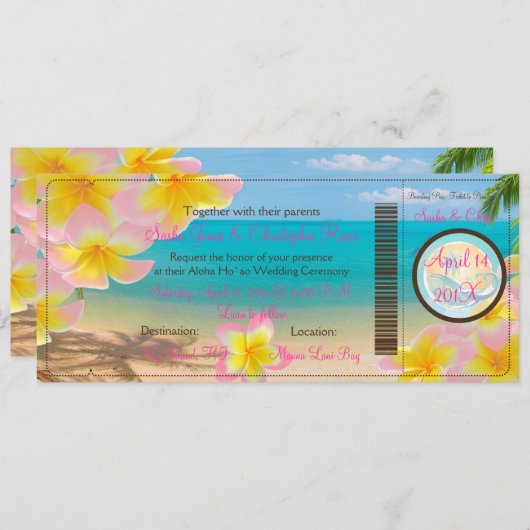 Invitation Pix-Dezines Boarding Pass Plumerias roses+plage (Devant / Derrière)