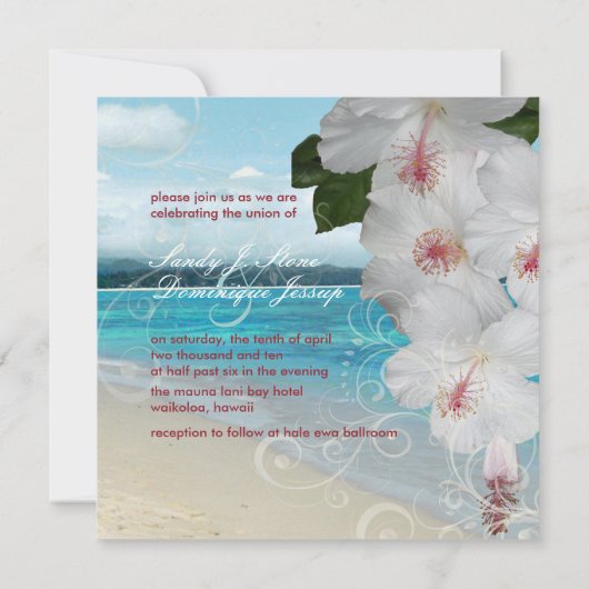 Invitation Pix-Dezines Hibiscus blanc/plage/mariage tropical (Dos)