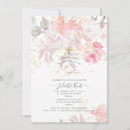 Invitation PixDezin Aquarelle Blush Sweetpeas Baptême (Devant)