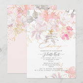 Invitation PixDezin Aquarelle Blush Sweetpeas Christening (Devant / Derrière)