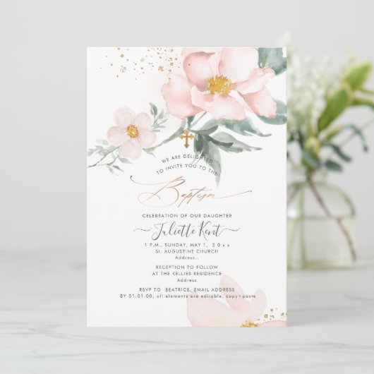 Invitation PixDezin H2 Baptême Rose à simple fosse pétale (Debout devant)