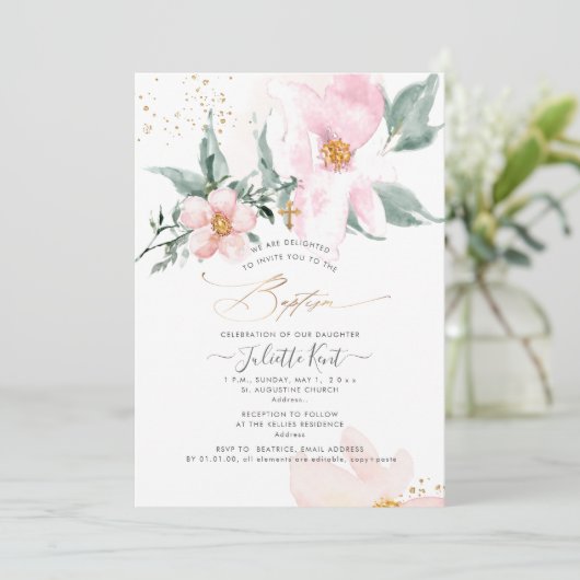 Invitation PixDezin H2 Baptême Rose à simple fosse pétale (Debout devant)