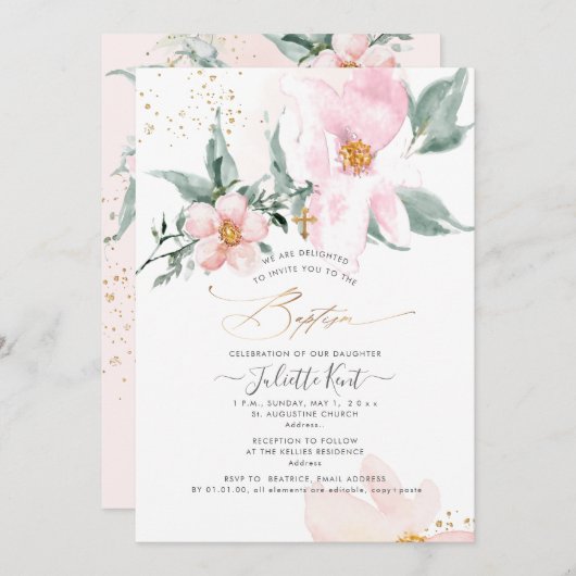 Invitation PixDezin H2 Baptême Rose à simple fosse pétale (Devant / Derrière)