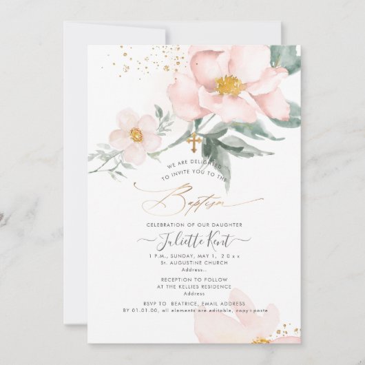 Invitation PixDezin H2 Fleur de Ronce de Roses Baptême (Devant)