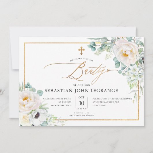 Invitation PixDezines Acuarela Peonias Eucalipto Batismo (Devant)