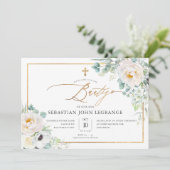 Invitation PixDezines Acuarela Peonias Eucalipto Batismo (Debout devant)