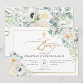 Invitation PixDezines Acuarela Peonias Eucalipto Batismo (Devant / Derrière)