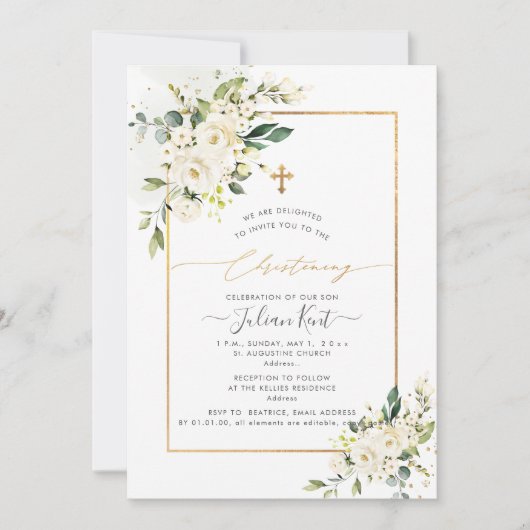 Invitation PixDezines Alabaster Rose H2 Fleurs Christening (Devant)