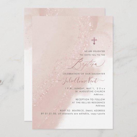 Invitation PixDezines Alcool Dusty Rose Rose Or Baptême (Devant / Derrière)