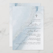 Invitation PixDezines Alcool+Encre Dusty Baptême d'argent ble (Devant / Derrière)