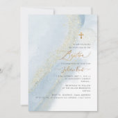 Invitation PixDezines Alcool+Encre Dusty Blue Gold Baptême (Devant)
