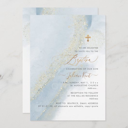Invitation PixDezines Alcool+Encre Dusty Blue Gold Baptême (Devant / Derrière)
