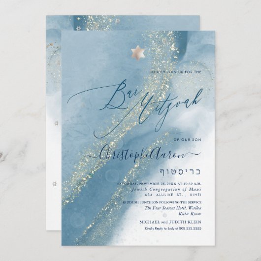 Invitation PixDezines Alcool+Encre Turquoise Dusty Bleu Argen (Devant / Derrière)