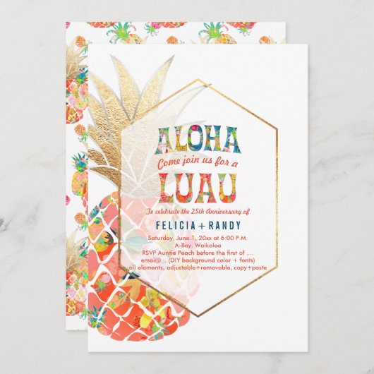 Invitation PixDezines Aloha Hawaiian Pineapples/Orange/do-it- (Devant / Derrière)