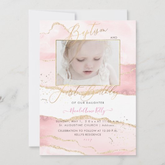 Invitation PixDezines Aquarelle Agate 1er Anniversaire Baptêm (Devant)