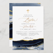 Invitation PixDezines Aquarelle Agate Marine Baptême d'or ble (Devant / Derrière)