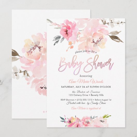 Invitation PixDezines Aquarelle, Baby shower Peonies Roses Da (Devant / Derrière)