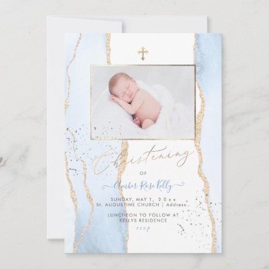 Invitation PixDezines Aquarelle Bleu Agate Christening (Devant)