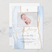 Invitation PixDezines Aquarelle Bleu Agate Christening (Devant / Derrière)