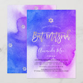 Invitation PixDezines Aquarelle bleu+Bat mitzvah rose (Devant / Derrière)