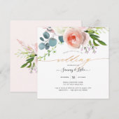 Invitation PixDezines Aquarelle Bleu Peonies Roses (Devant / Derrière)