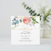 Invitation PixDezines Aquarelle Bleu Peonies Roses (Debout devant)