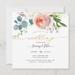 Invitation PixDezines Aquarelle Bleu Peonies Roses