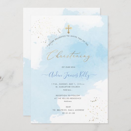 Invitation PixDezines Aquarelle Bleue Confetti Christening (Devant / Derrière)