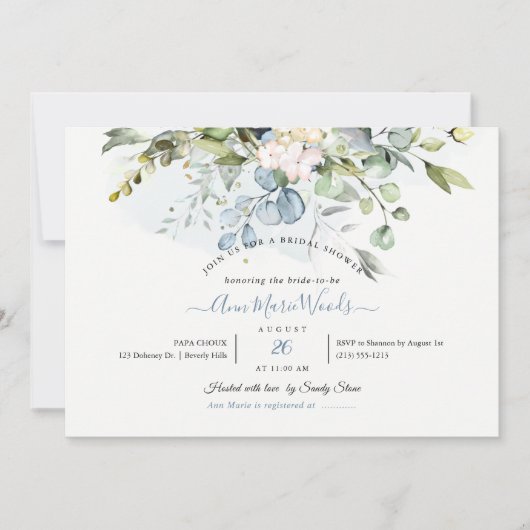 Invitation PixDezines Aquarelle Bleue Gomme Eucalyptus Bridal (Devant)