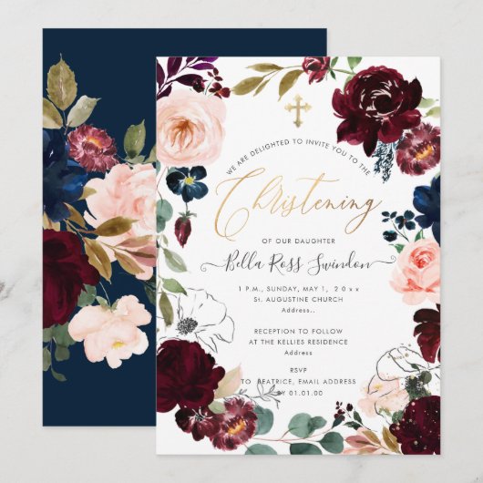 Invitation PixDezines Aquarelle Blush+Courbe Bourgogne (Devant / Derrière)