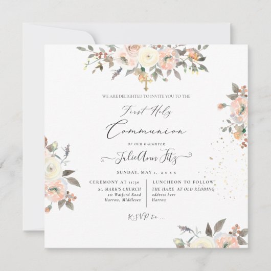 Invitation PixDezines Aquarelle Blush+Crème Communion Rose (Devant)