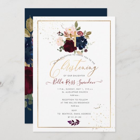 Invitation PixDezines Aquarelle Blush+Fleurs Bourgogne (Devant / Derrière)