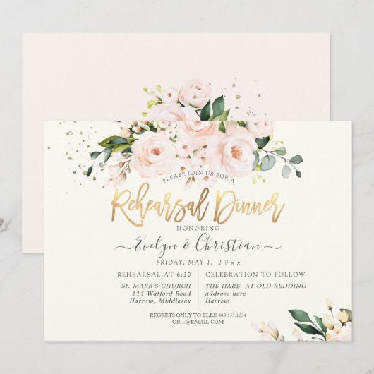 Invitation PixDezines Aquarelle Blush Roses Dîner de répétiti (Devant / Derrière)