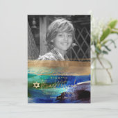 Invitation PixDezines Aquarelle Brossée Barre Bleue Mitzvah (Debout devant)