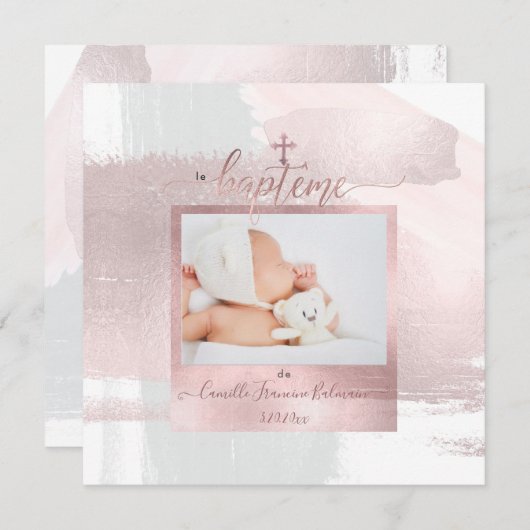 Invitation PixDezines Aquarelle Brush, Baptême Fille (Devant / Derrière)