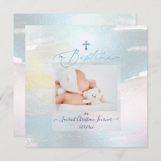 Invitation PixDezines Aquarelle Brush Stroke, Garçon Baptême (Devant / Derrière)