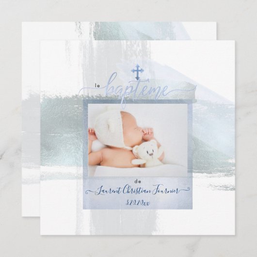 Invitation PixDezines Aquarelle Brush Stroke, Garçon Baptême (Devant / Derrière)