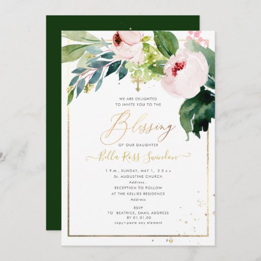 Invitation PixDezines Aquarelle Delicate Baptême de Fleur Ble (Devant / Derrière)