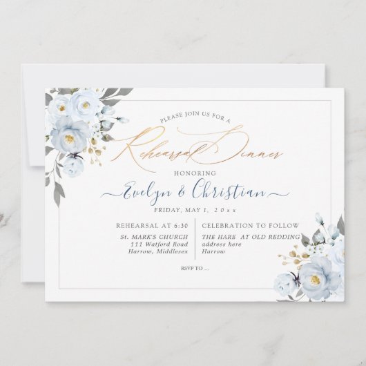 Invitation PixDezines Aquarelle Dusty Blue Roses (Devant)